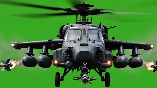 A firing helicopter coming towards the camera green screen background.