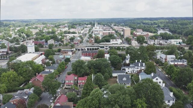 Aerial Pan of Fredericksburg Virginia Downtown and River 4K