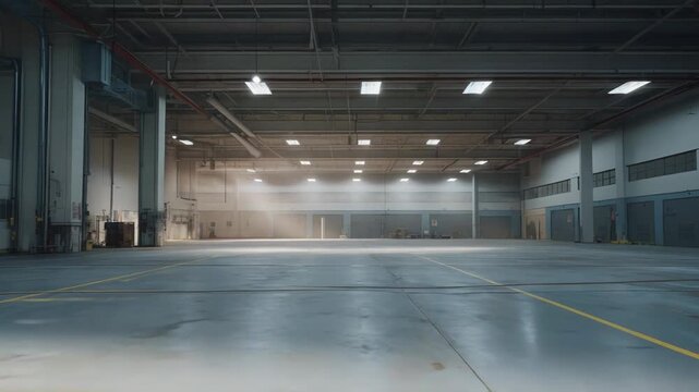 Large empty industrial warehouse provides a spacious environment for storage and logistics, featuring a robust concrete floor and ample overhead lighting