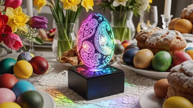 Holographic Easter Egg On Lace Table, Colorful Dyed Eggs, Fresh Daffodils, Braided Pastry And Vintage Crockery, Intricate Filigree Pattern Casting Rainbow Glow, Levitating Display On Black Base, Warm.