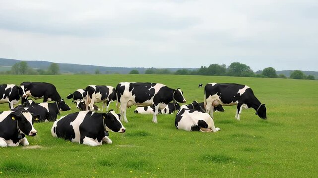 A serene landscape featuring cows grazing and resting in a lush green meadow under a cloudy sky