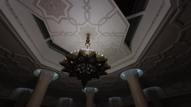 Hassan II Mosque Interior Ablution Hall with Chandeliers, Columns in Casablanca