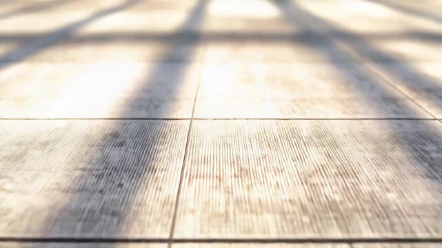 Wooden floor planks illuminated by morning sunlight creating abstract shadow patterns, emphasizing the detailed texture and natural light playing across an interior surface