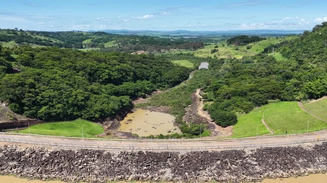Euclides Da Cunha Reservoir Of Sao Jose Do Rio Pardo In Sao Paulo Brazil. Power Plant. Water Dam Landscape. Nature Skyline. Euclides Da Cunha Reservoir At Sao Jose Do Rio Pardo Sao Paulo Brazil.