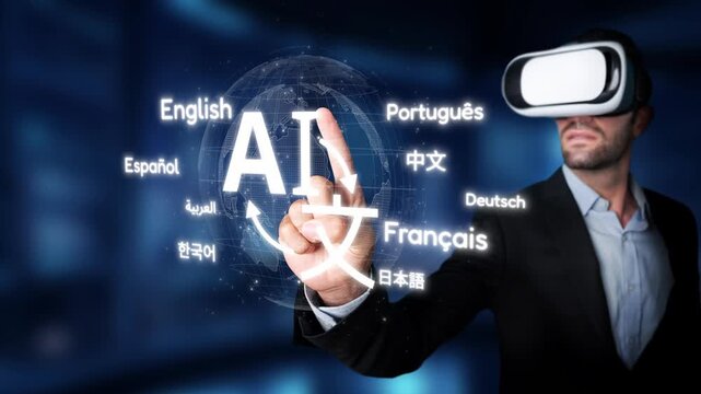 A user in a virtual reality headset interacts with an advanced AI interface displaying various languages, highlighting the fusion of technology and communication in a modern world. Raster