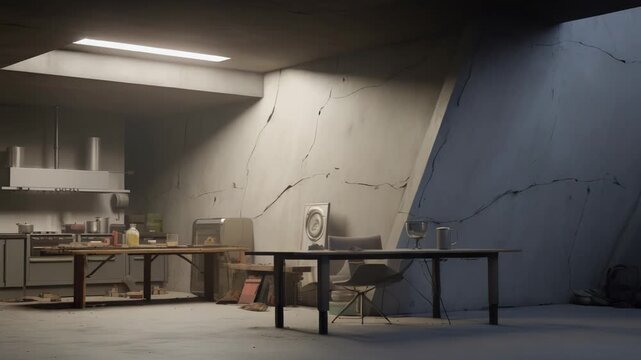 Underground kitchen space featuring a functional layout within a concrete bunker setting, illuminated by a skylight and artificial light, suggesting survival or dystopian living