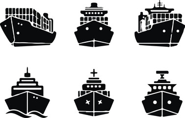Set of black silhouette icons representing different types of cargo ships and container ships © Md