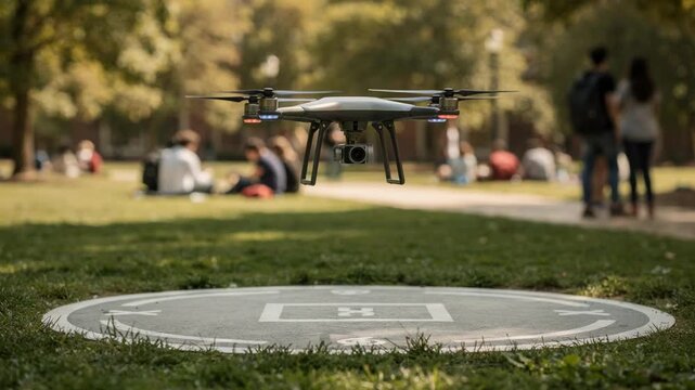 Medium shot of a drone landing on a marked pad in a campus quad focused on the drone with blurred students and greenery in the background.