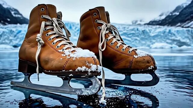 Leather skates stand on mirror ice frozen lake opposite massive glacier wall, foreground shows blade scratches with majestic ice background. Concept of winter hobbies and outdoor recreation