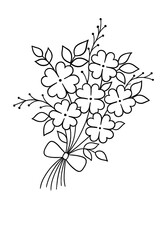 Fototapeta premium Black and white line art floral bouquet with a ribbon bow flowers leaves