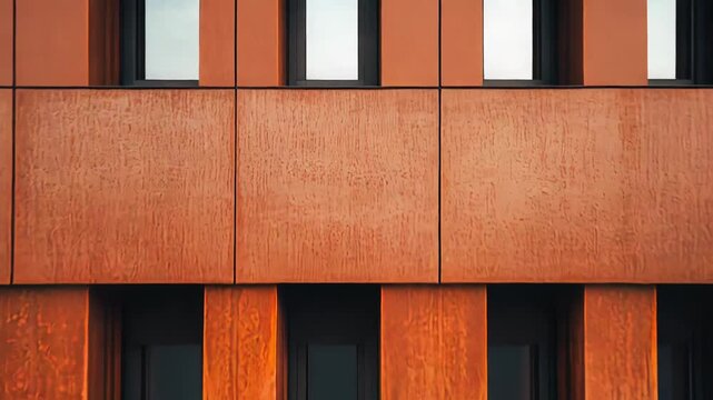 Modern building facade with weathered corten steel panels and dark windows creating abstract geometric patterns, warm earthy patina and a minimalist industrial texture
