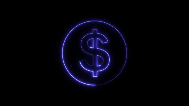 Blue Neon Dollar Sign in Circle on Glowing Neon Dollar Sign Icon in Circular Frame .Dollar text icon glowing neon 3d dollar business icon