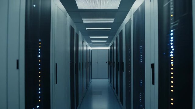 Long corridor of server racks in a modern data center, glowing indicator lights and cool overhead lighting highlighting high density hardware, networking and storage systems