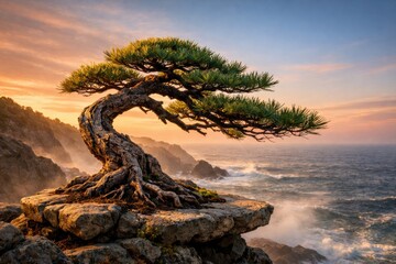 Fototapeta premium Mature Pine Bonsai Tree Growing on Coastal Rock Cliff at Sunset with Ocean Waves and Fog