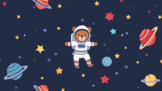 子供向けの宇宙冒険をイメージしたクマのキャラクターとカラフルな惑星の背景動画