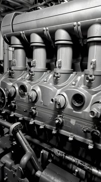 Monochrome detail of a powerful industrial engine, showcasing its robust metallic structure and intricate mechanical components, symbolizing precision engineering and manufacturing prowess