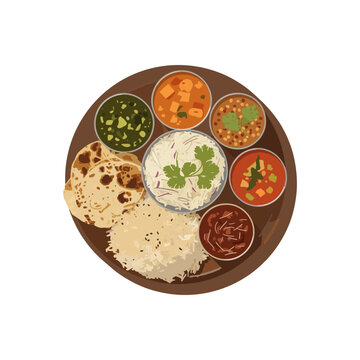 Nepali Thakali Thali Set Meal - Traditional Dal Bhat with Curries and Roti Top View Illustration