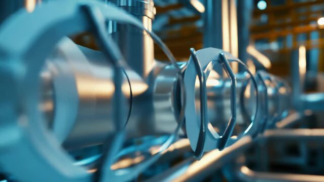 Industrial pipeline system featuring multiple metal valves regulating fluid flow, highlighting engineering, technology, and connection processes in a modern manufacturing environment
