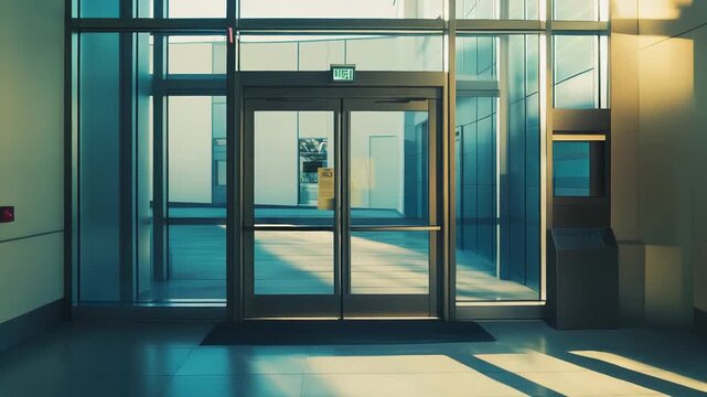 Contemporary lobby interior featuring large glass windows and doors, creating strong sunlight patterns and shadows on the floor and wall of the spacious architectural space