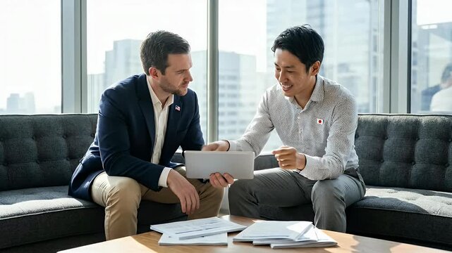 Western and Japanese businessmen discussing document on sofa
