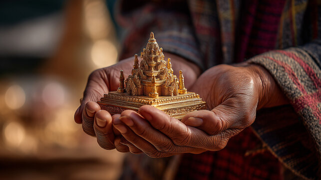 Hands holding Shwe Pagoda model during Moenyin Festival in Myanmar with Inn Daw Gyi Myitzu cultural heritage Illustrations displayed prominently around