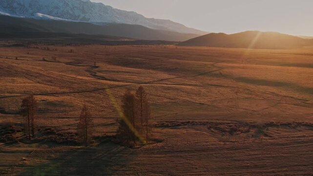 Aerial view Altai Russia, beautiful landscape autumn forest meandering road with snow peaks mountains.
