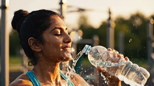 Woman drinking water and splashing face outdoors during workout.