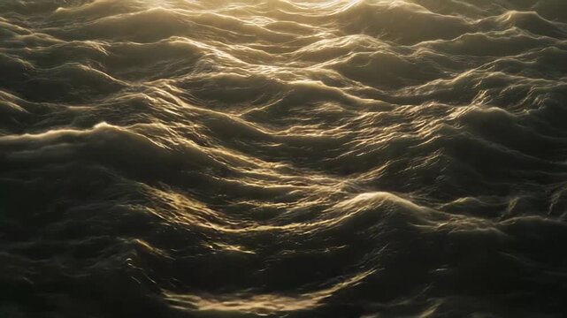 Ocean waves rolling on the dark water surface reflecting warm sunlight, creating a textured pattern across the vast sea at dusk, symbolizing power, mystery, and peace