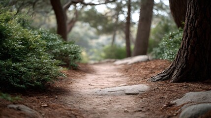 Fototapeta premium A winding dirt trail meanders through a serene forest bathed in soft natural light inviting explo n