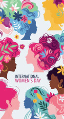 Fototapeta premium Vibrant illustration celebrating International Women's Day with diverse female profiles and floral hairstyles.