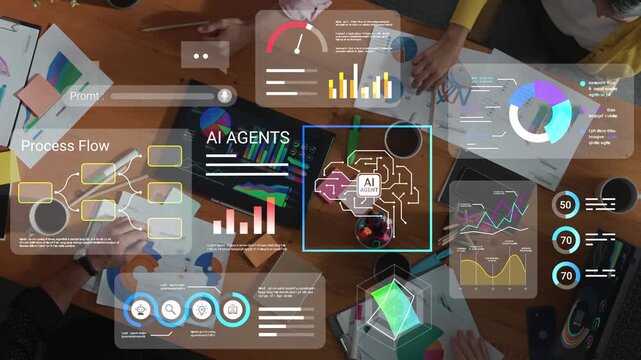 Animated data visualization in a collaborative workspace with diverse professionals analyzing AI technology for project development and decision-making process Gluon.