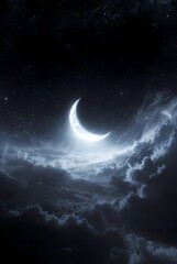 A serene crescent moon shines brightly in a starry night sky surrounded by dark clouds and twinkling stars.