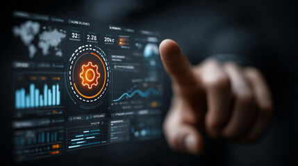 Fototapeta premium Smart carbon footprint accounting technology concept with enterprise emission analytics, offset optimization modeling and sustainability reporting dashboard background