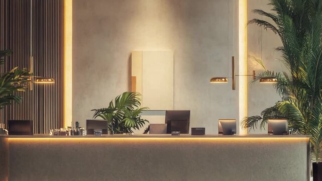 Modern luxury hotel or office lobby interior featuring a long reception desk with subtle lighting, minimalist design, and lush green plants creating a welcoming environment