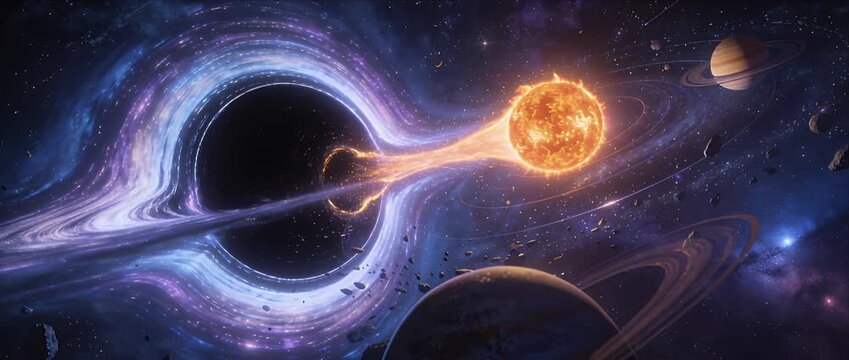 Black hole space cosmic vortex burning sun solar system spiral galaxy planet ring gas giant asteroid field deep space cosmic destruction dramatic gravity surreal fantasy concept art galaxy solar star
