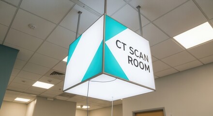 Fototapeta premium Illuminated CT Scan Room Signage Hanging From The Ceiling In A Modern Hospital