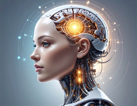 Female android profile with glowing circuit brain. Concept of artificial intelligence, deep learning, next-generation computing, and digital mind.