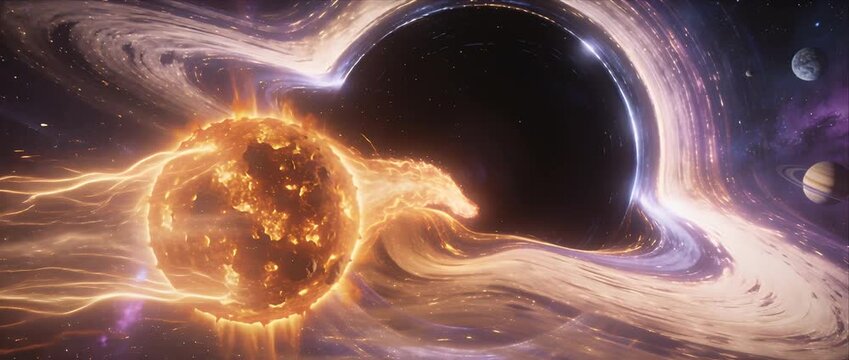 Black hole sun space galaxy cosmic energy swirl abstract glow fantasy universe science fiction dramatic destruction scene gravity pull vibrant color vortex solar system planet orbit nebula