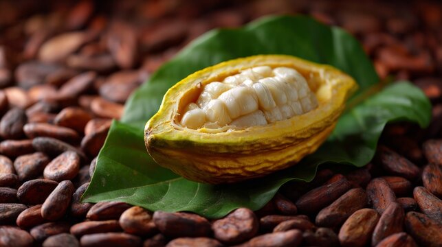 Fresh cacao pod with seeds on leaf and cocoa beans background