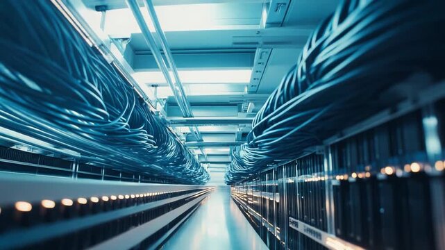 Modern server room environment with rows of hardware racks housing advanced computing systems and network infrastructure, processing and storing vast amounts of digital information