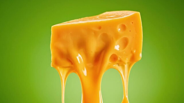 Melting cheese piece with holes on green background close up shot