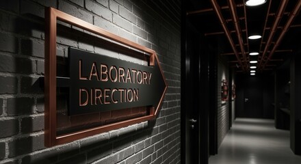 Fototapeta premium Laboratory Direction Sign with Arrow Illuminated by Ceiling Lights in Interior