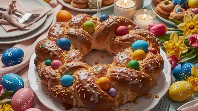 Easter Wreath Bread Decorated With Glaze And Sprinkles, Colorful Painted Eggs Nestled In Ring, Tulips And Daffodils Nearby, Plate Set For Spring Brunch, Bright Pastel Celebration, Inviting Table.