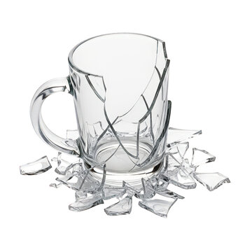 Shattered glass coffee mug with broken pieces isolated on transparent background