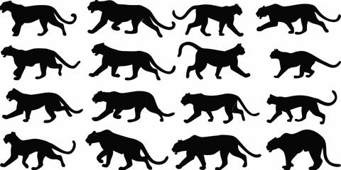 Collection of black silhouettes depicting tigers in various poses