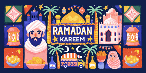 Obraz premium A colorful ramadan kareem illustration with islamic motifs and festive elements