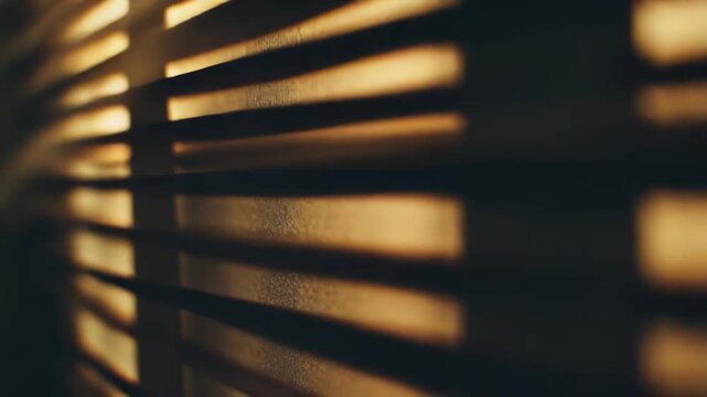 Sunlight beams passing through window blinds, creating warm, golden hour light patterns and abstract shadow stripes on an interior surface, evoking a cozy and calm atmosphere