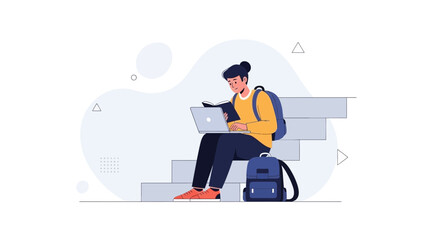 Student studying with laptop on stairs, backpack next to them, modern flat illustration