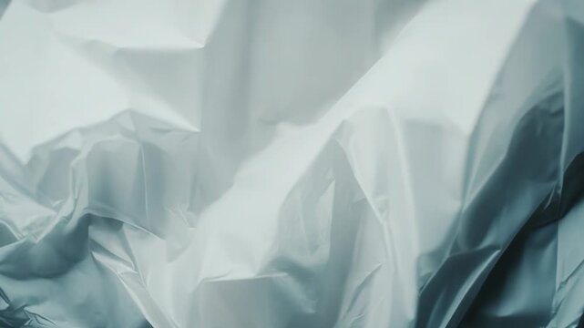 Crumpled translucent plastic sheet forming flowing creases and wrinkles, an abstract grayscale composition of light and shadow with subtle texture and modern minimal elegance