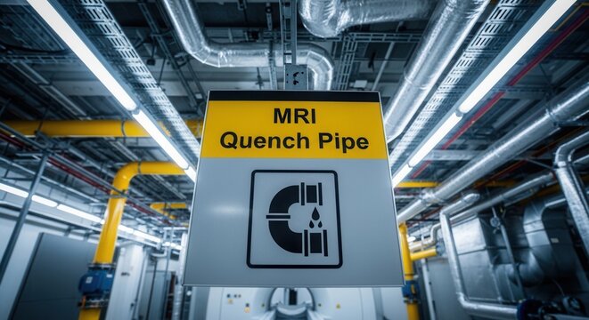 Medical Facility's Quench Pipe Warning Sign Displaying Magnetic Resonance Imaging Information
